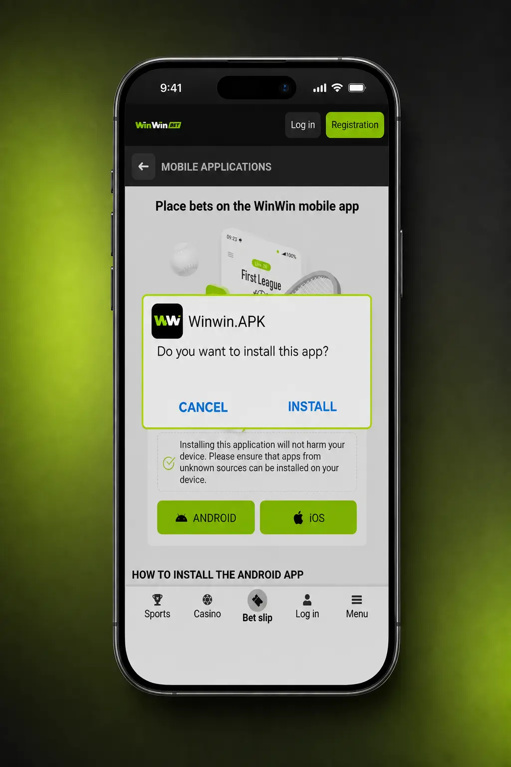 Android phone showing WinWin APK download steps and security prompt for free app installation