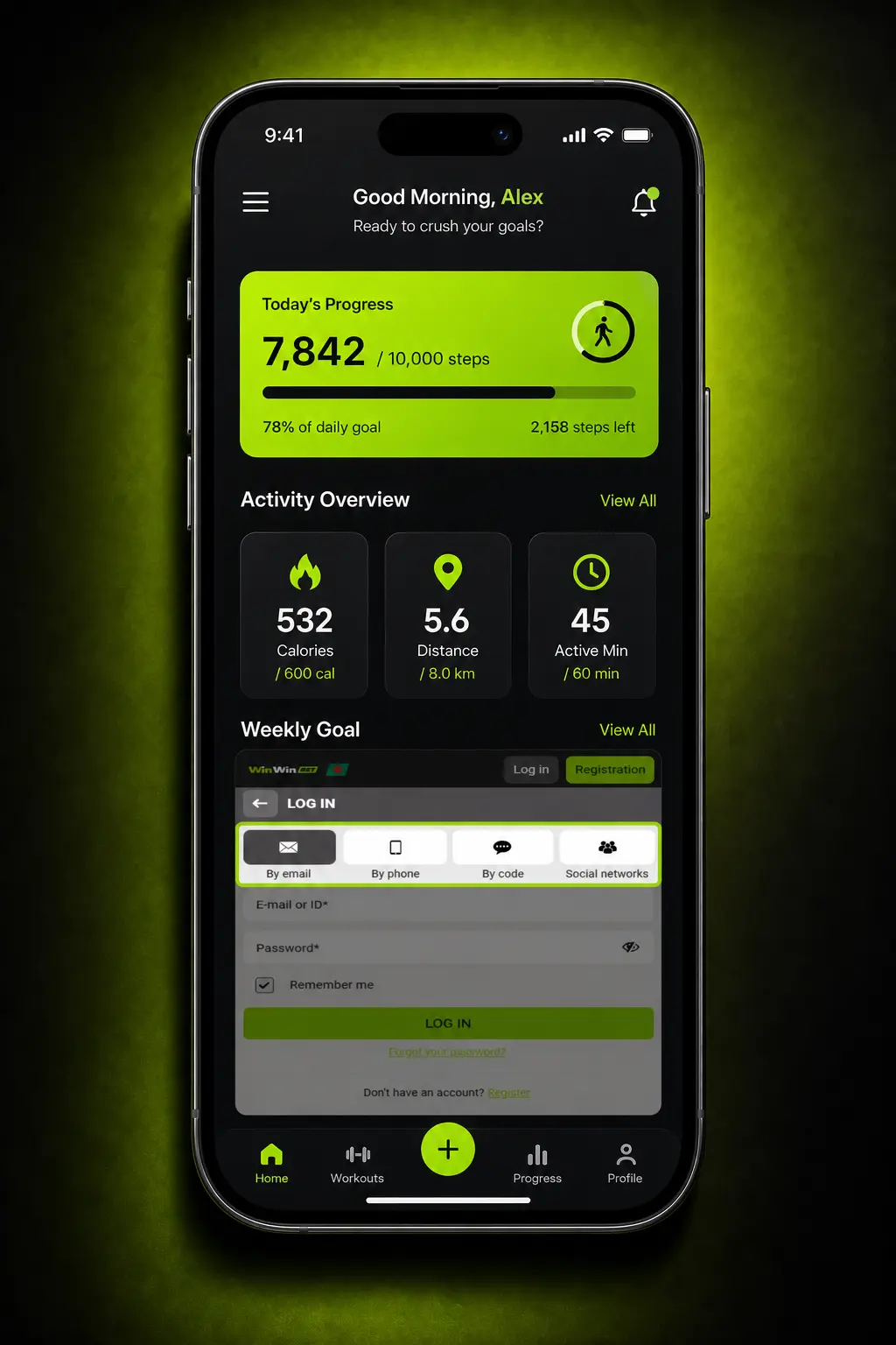WinWin login page on a device display for account access, balance, bets, bonuses and Cashier