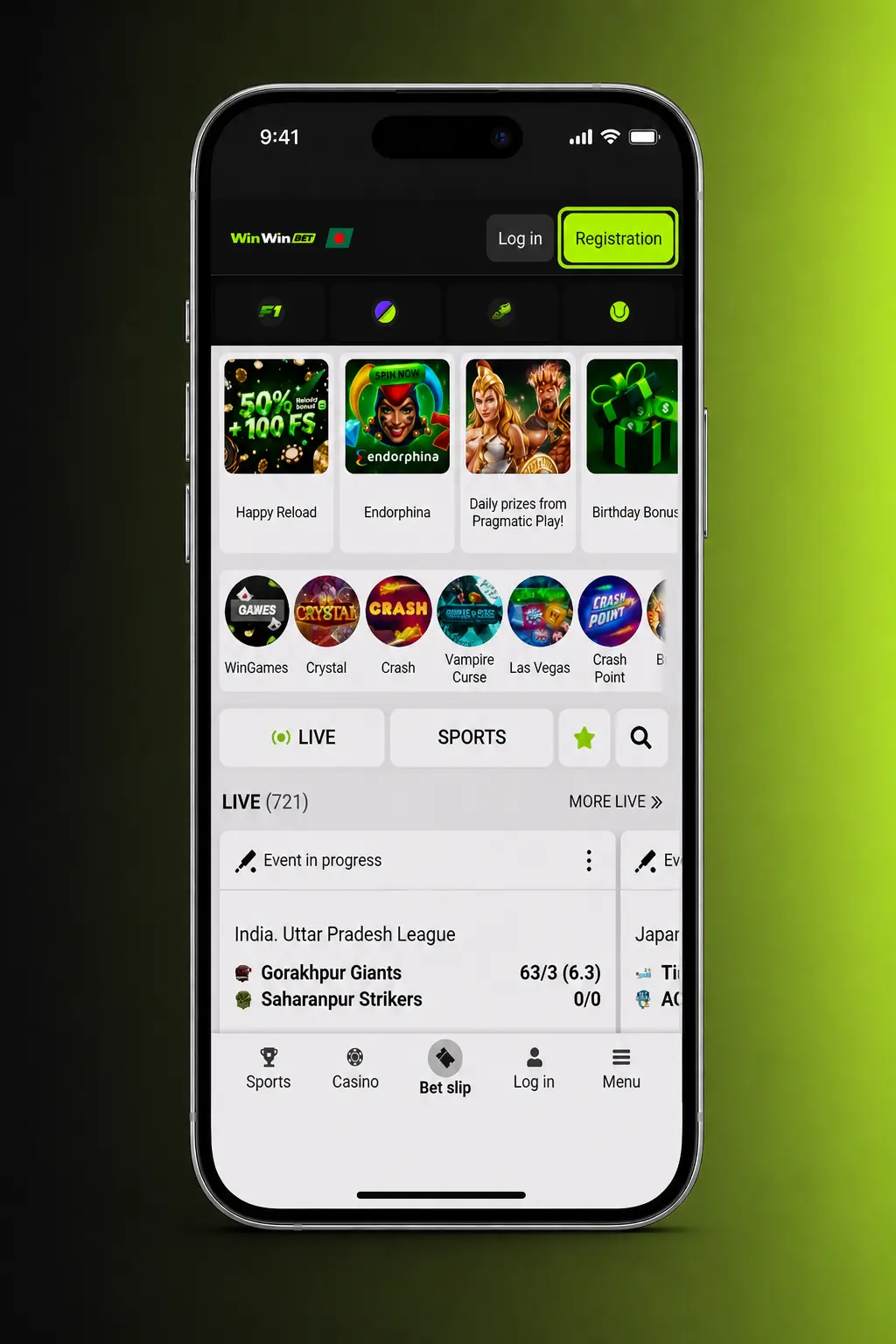 WinWin app registration screen showing 4-step mobile signup for users 18+ to start casino games and sports betting