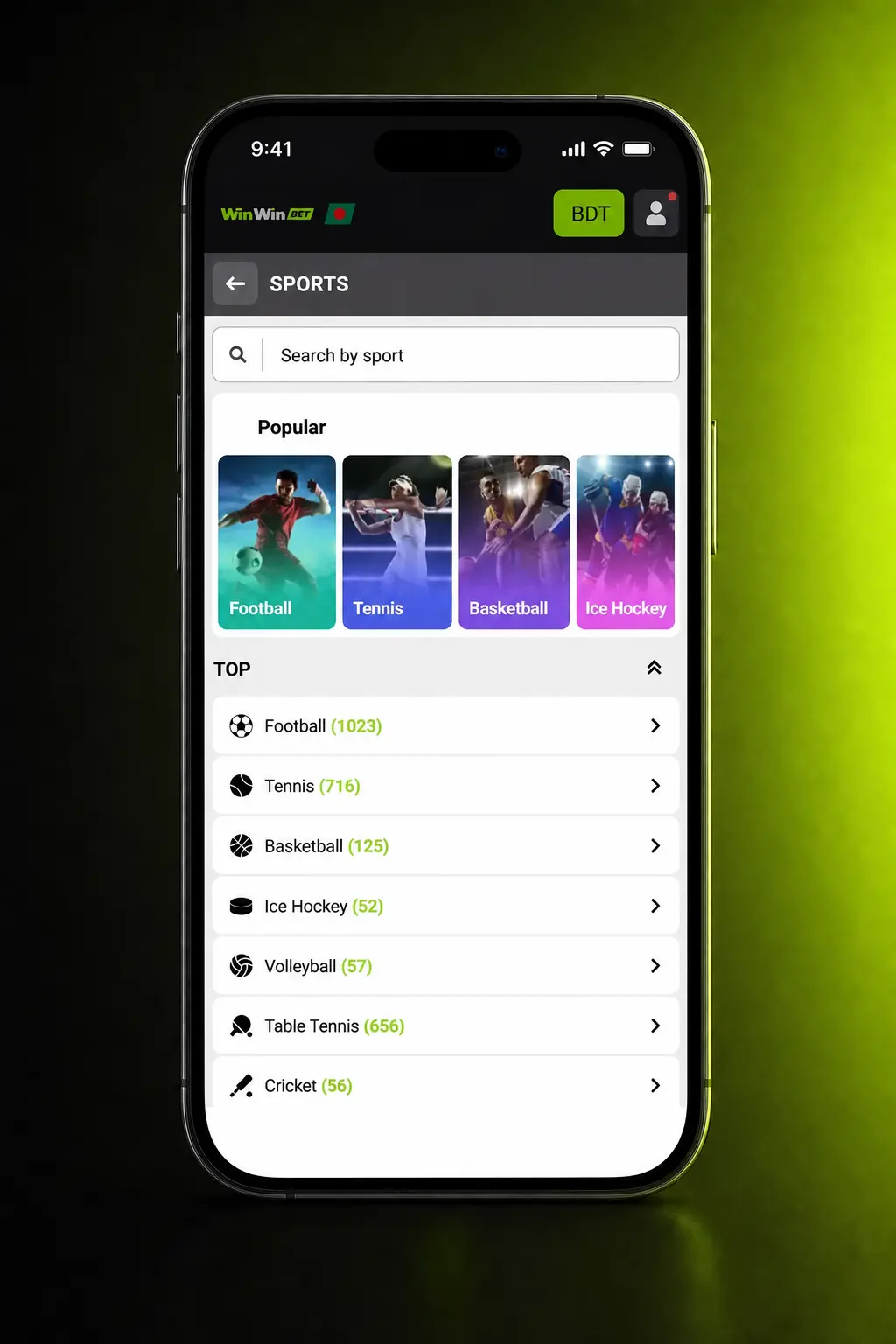 WinWin app Sports tab showing pre-match and live betting markets for cricket, football, tennis and eSports